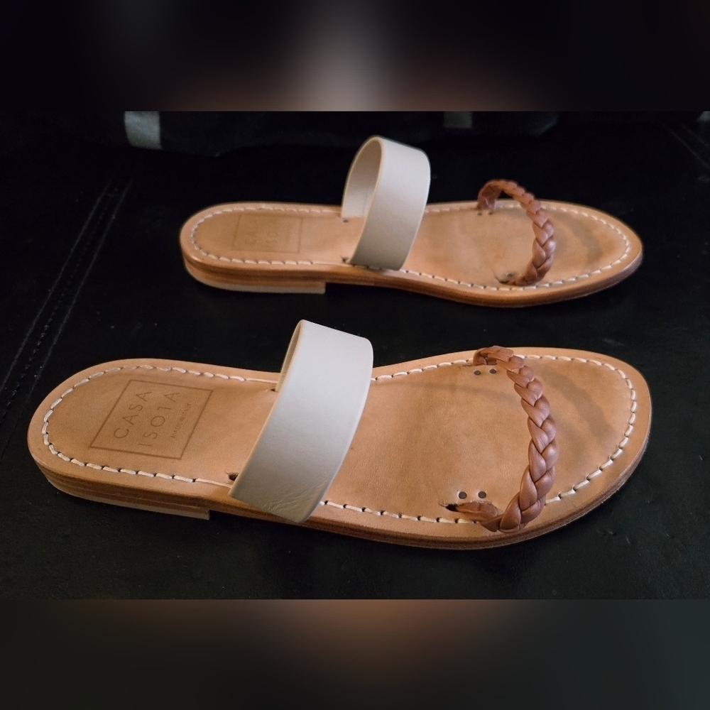 Casa Isota Capri Sandals Braided Italian Leather Sole White Brown Tan - Picture 4 of 8